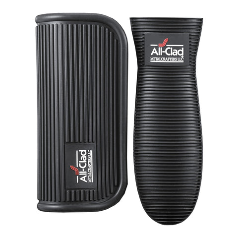 All-Clad silicone grip set on a cookware handle for secure non-slip control.