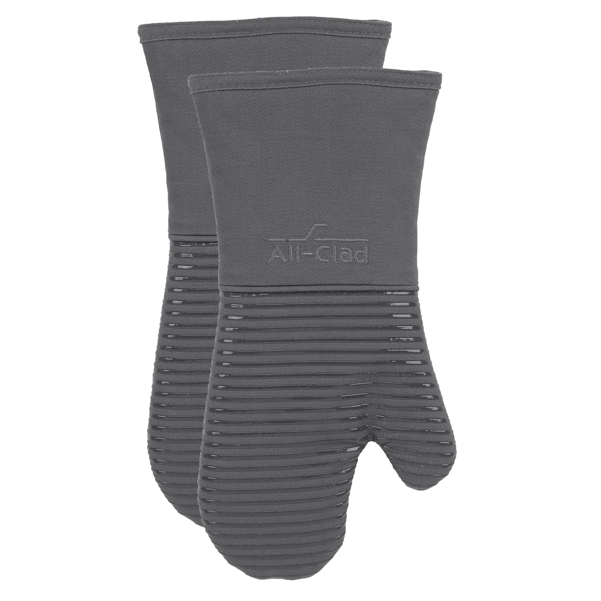 All-Clad silicone oven mitts provide 500°F heat protection for hot cookware.