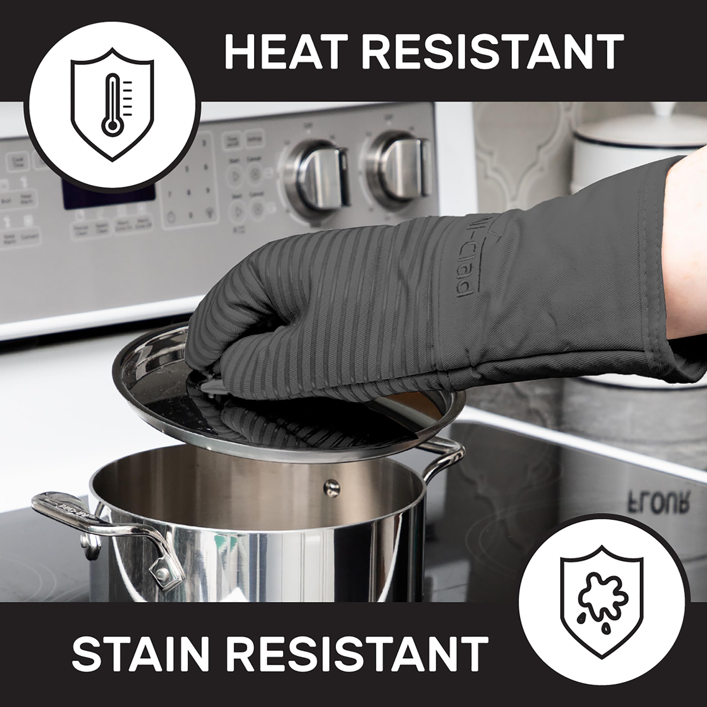 All-Clad silicone oven mitts with soft lining for comfortable wear.