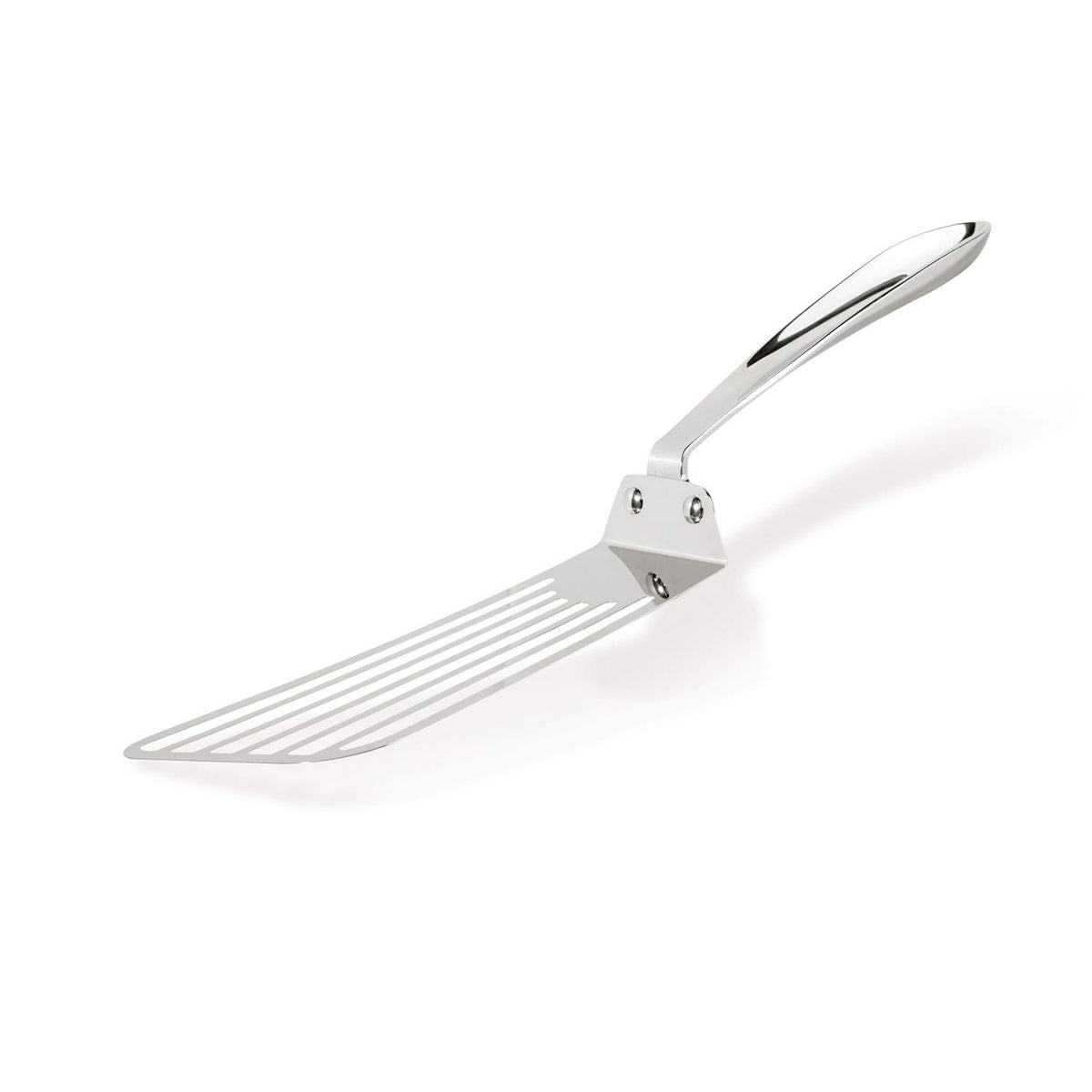 All-Clad slotted turner head drains grease while flipping foods.
