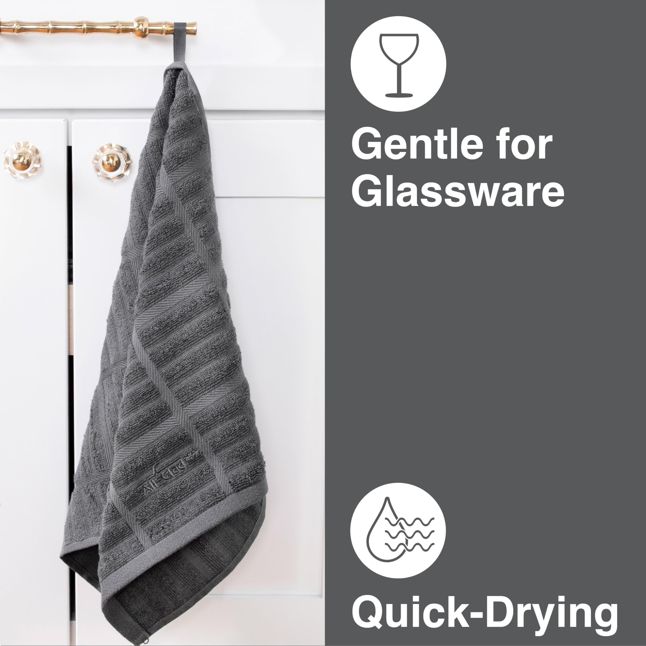 All-Clad Solid Kitchen Towels in pewter color, two-pack on display