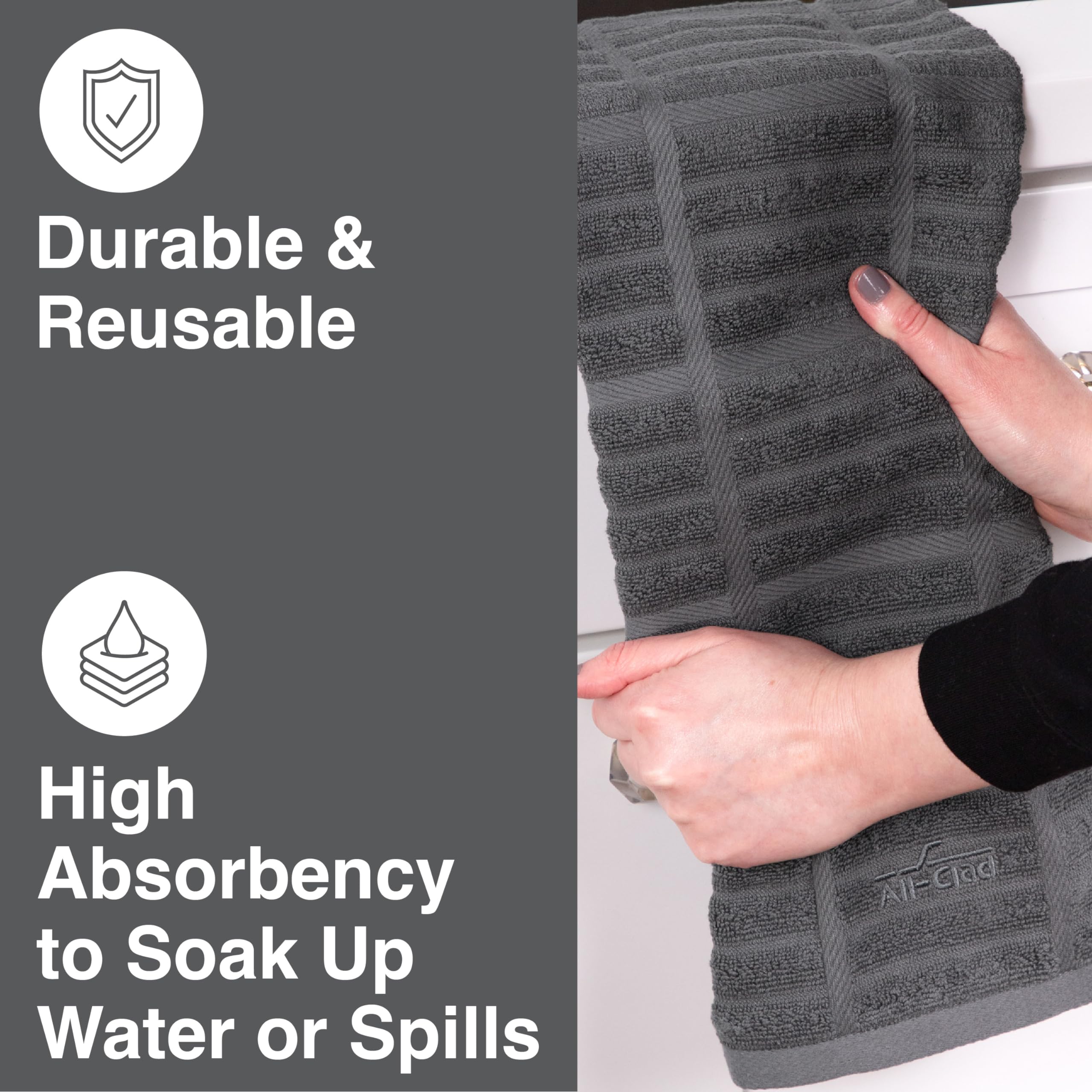 All-Clad Solid Kitchen Towels showing large 17x30 size for broad coverage
