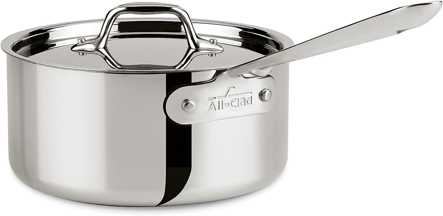 All-Clad tri-ply stainless sauce pan 3 qt demonstrates fast, even heat distribution for sauces.