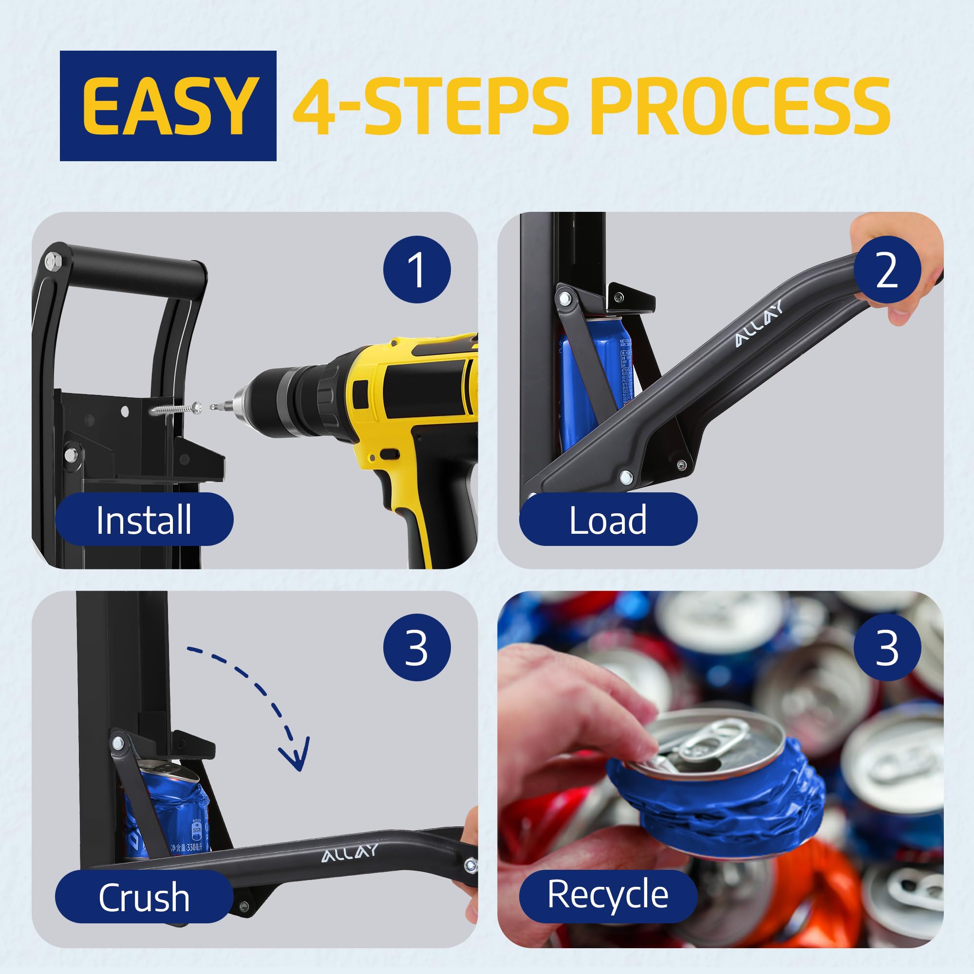 Allay kitchen and garage mounting options provide convenient recycling access.