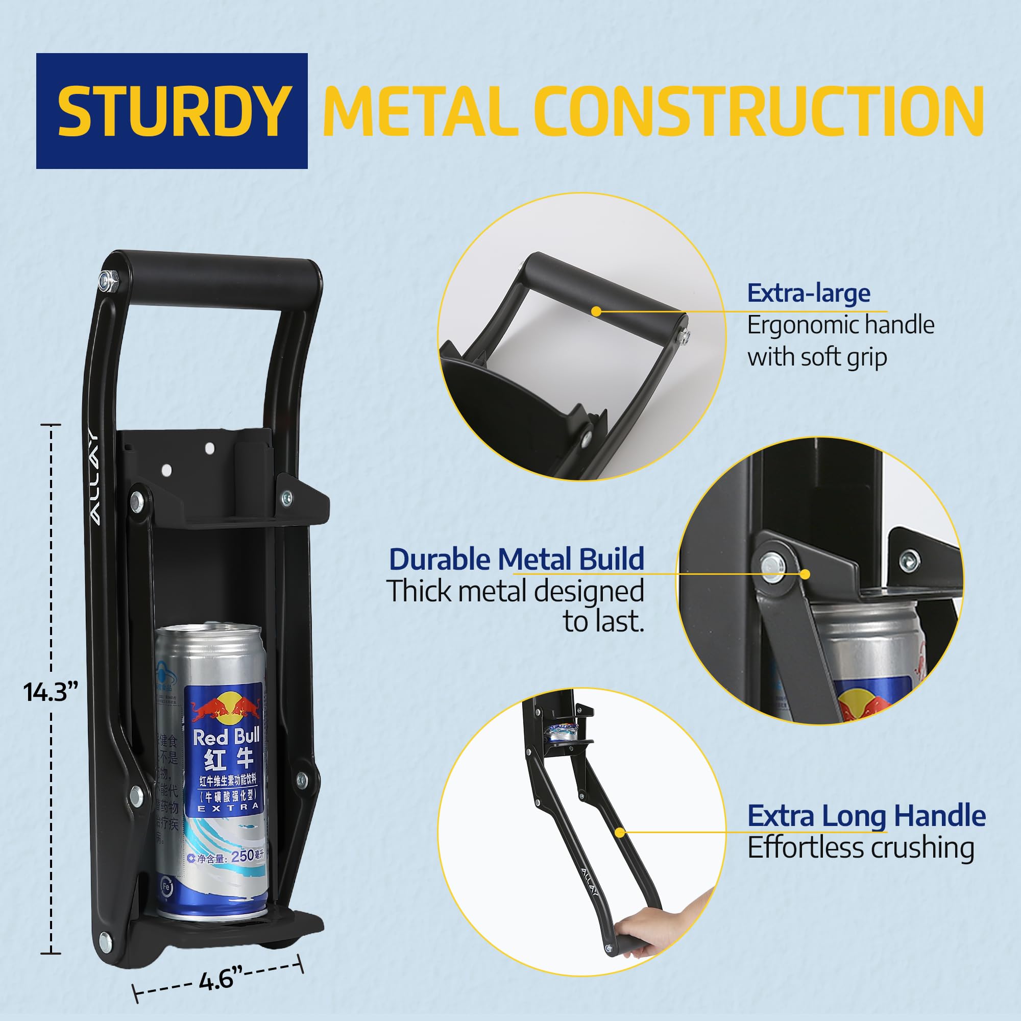 Allay wall-mounted can crusher with built-in bottle opener for quick beverage access.