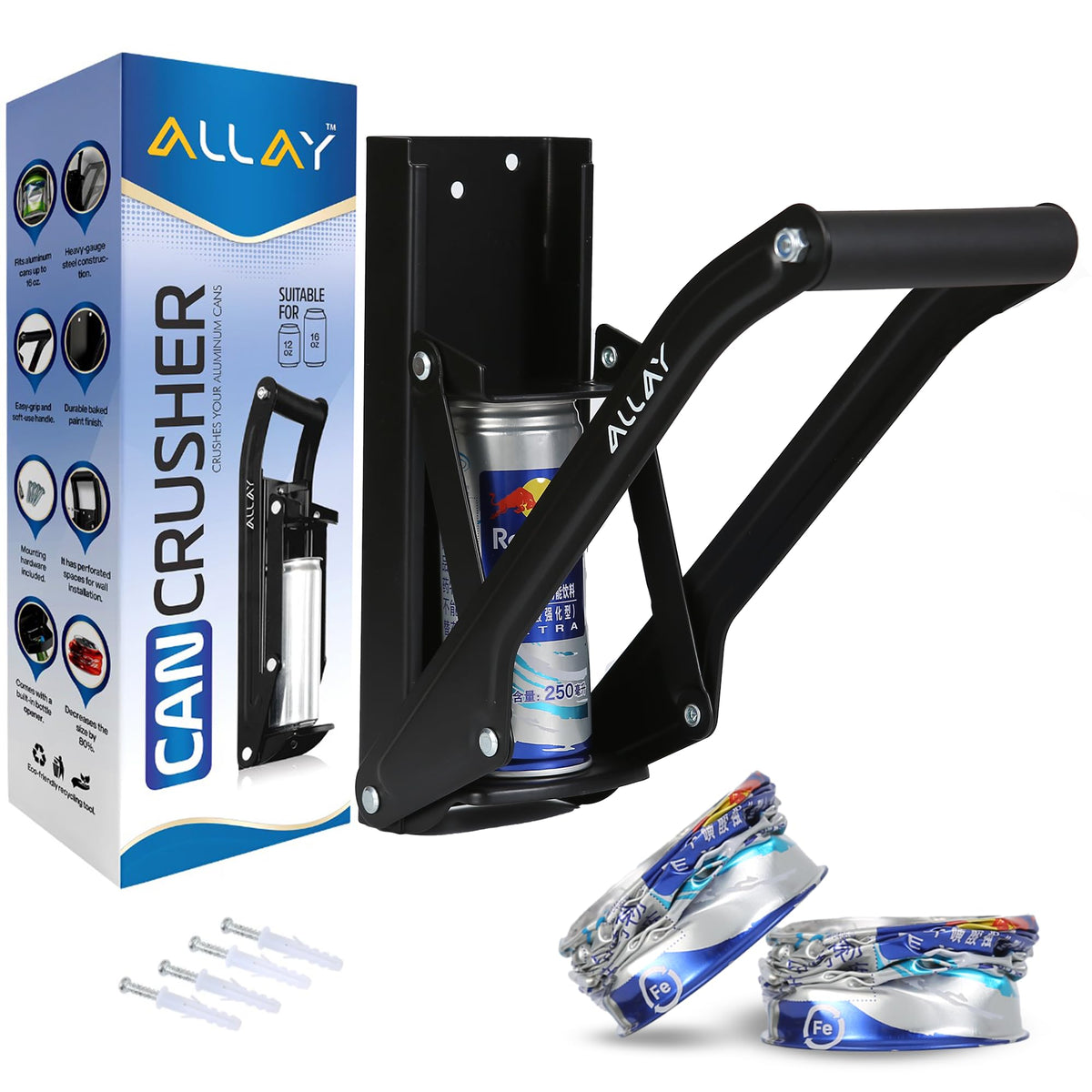 Allay wall-mounted can crusher in heavy-duty aluminum for durable home use.