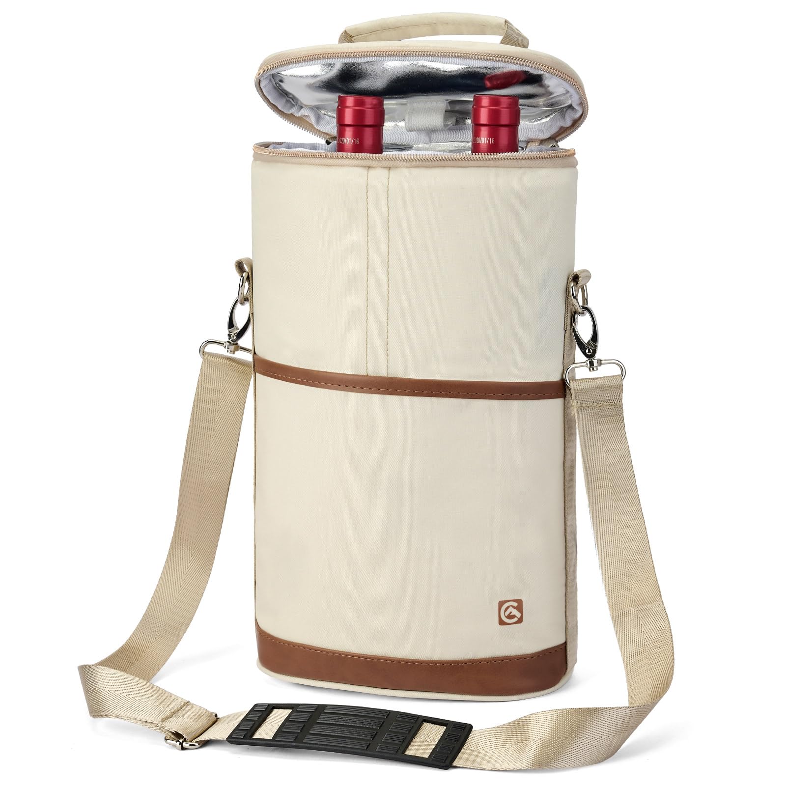 ALLCAMP 2 Bottle Wine Tote Cream exterior and strap for easy carrying, ideal for picnics or tastings