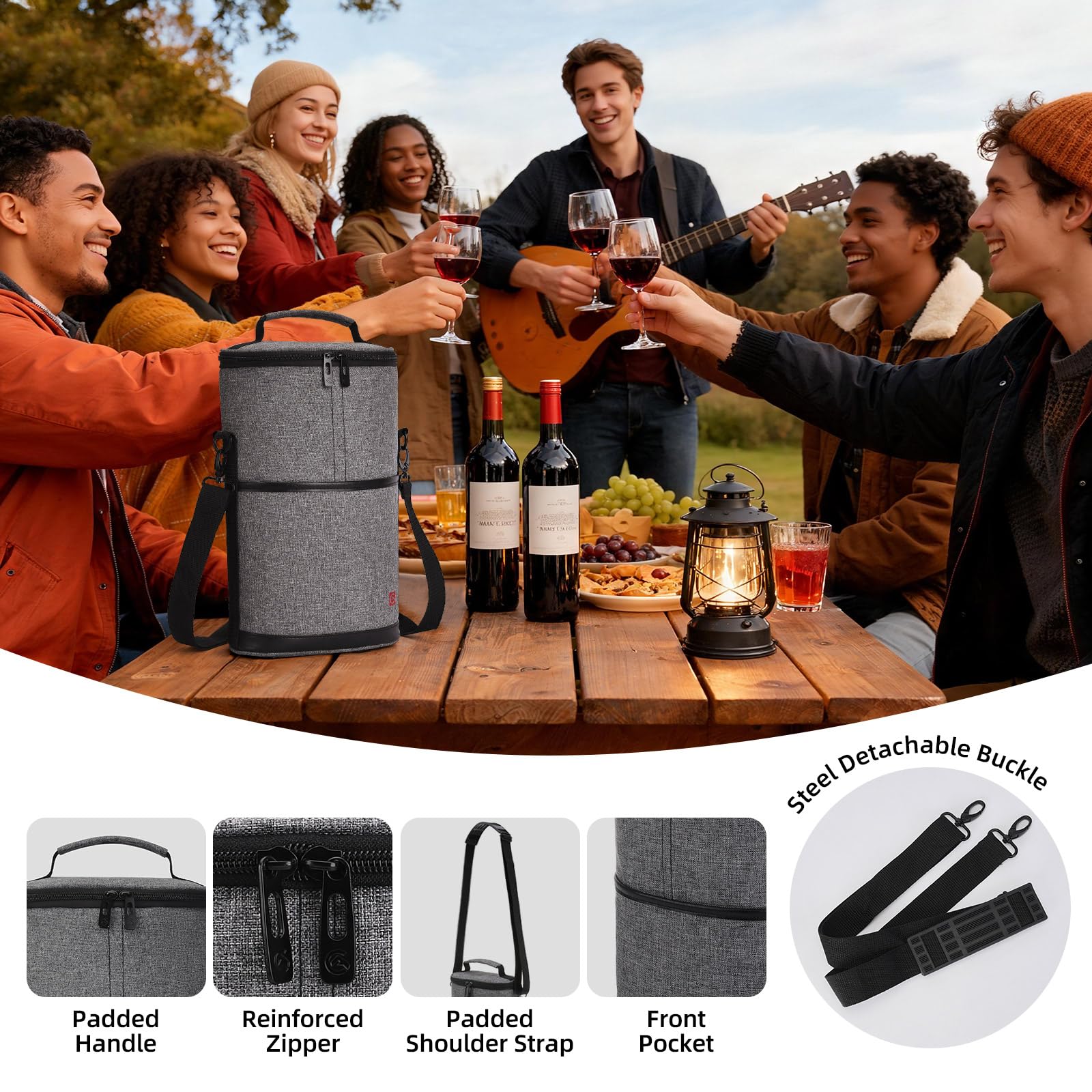 Allcamp 2 Bottle Wine Tote includes stainless steel corkscrew for wine openings