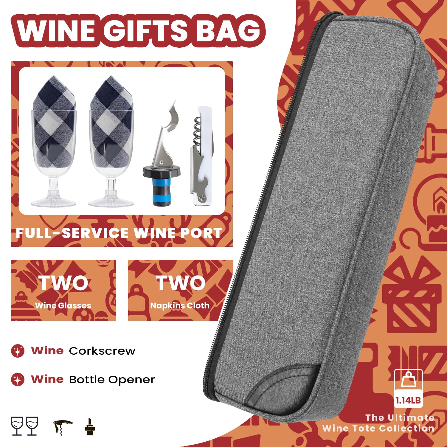 ALLCAMP Wine Bag includes stainless steel corkscrew and bottle stopper for ready service.
