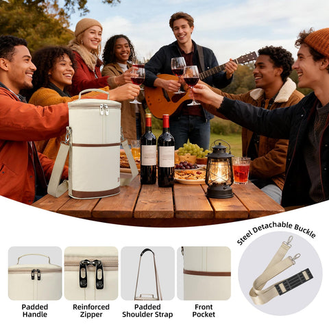 Removable shoulder strap on ALLCAMP wine tote for hands-free transport