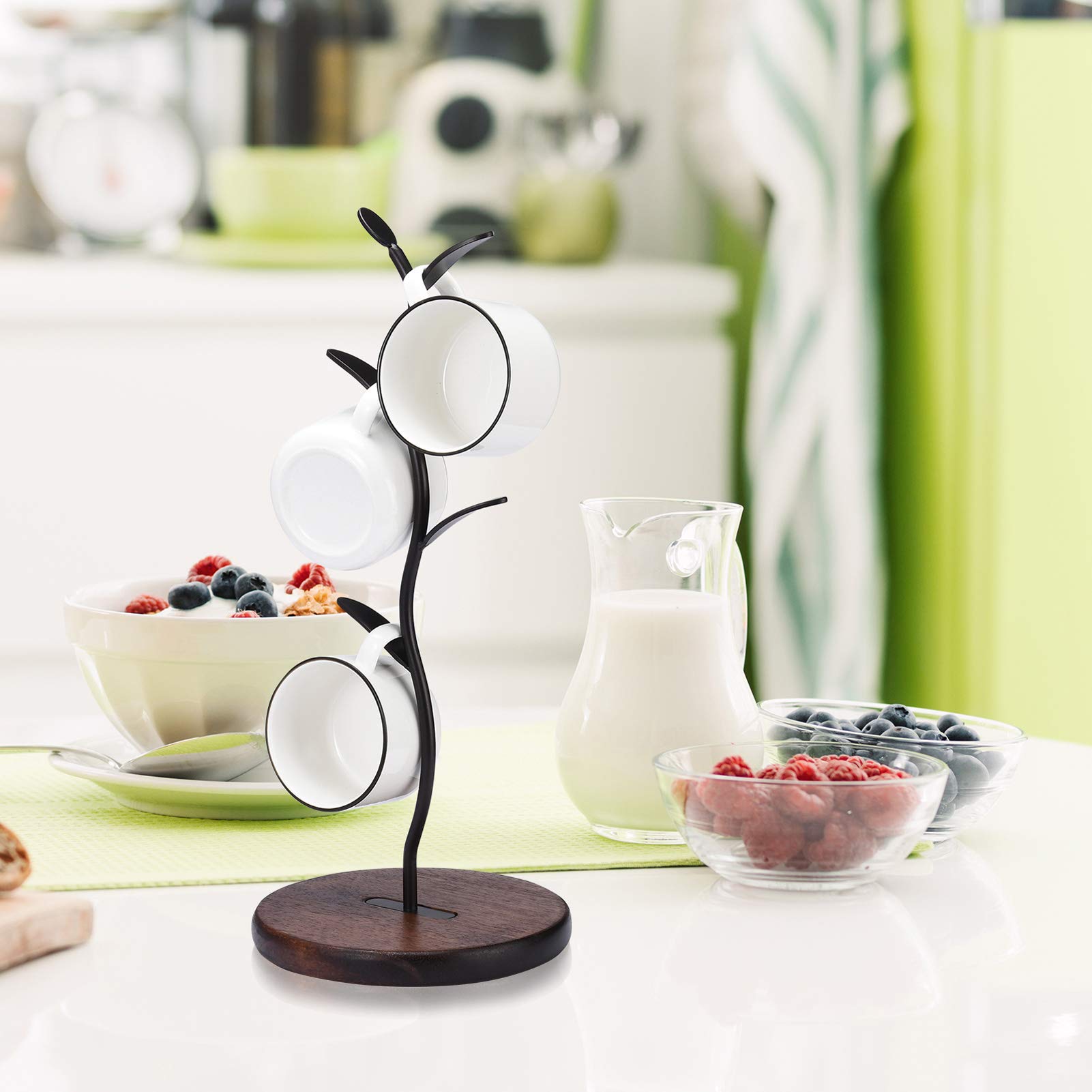 ALLCENER Coffee mug rack with wood base provides sturdy vertical storage.