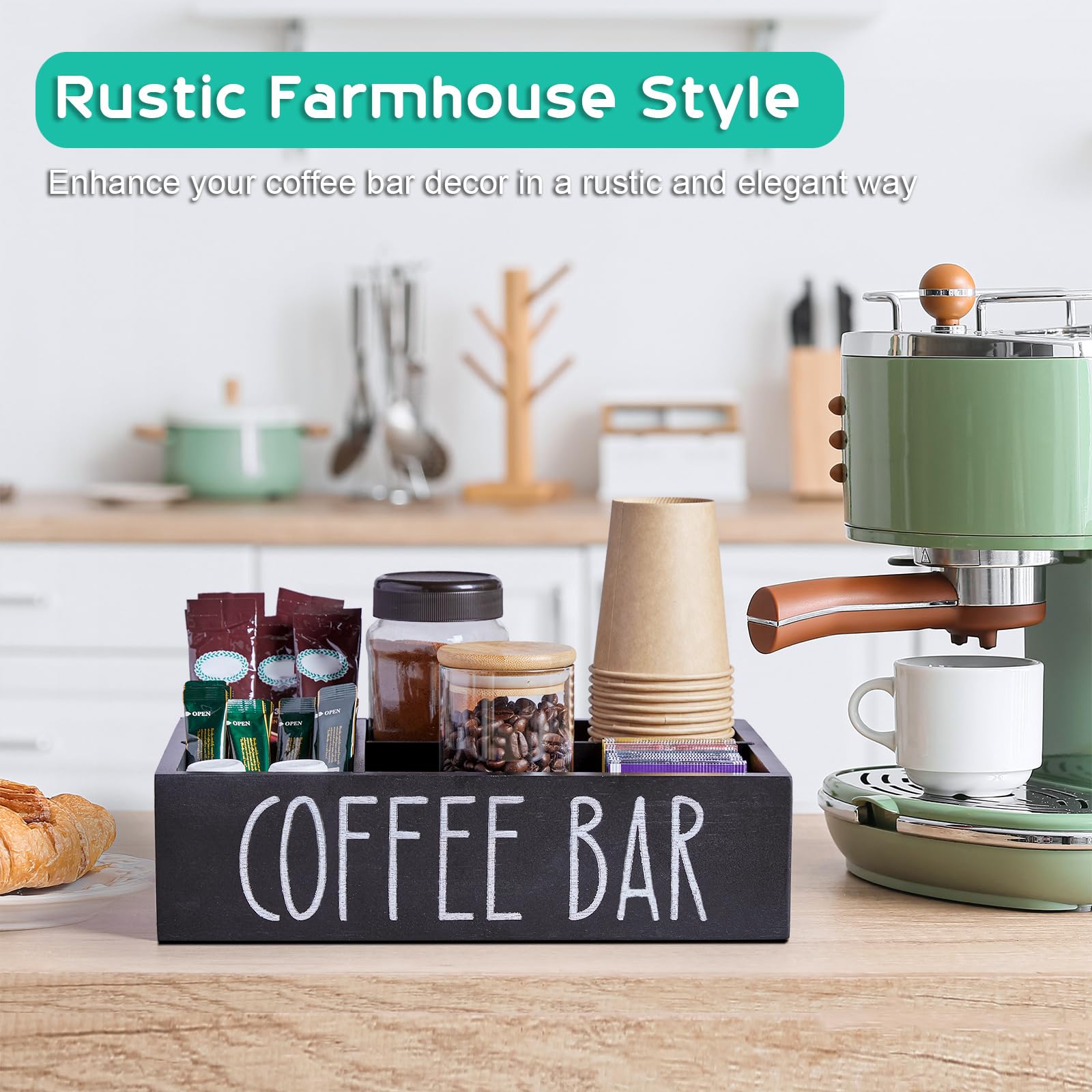 ALELION black wood coffee bar decor adds rustic charm to any service area.