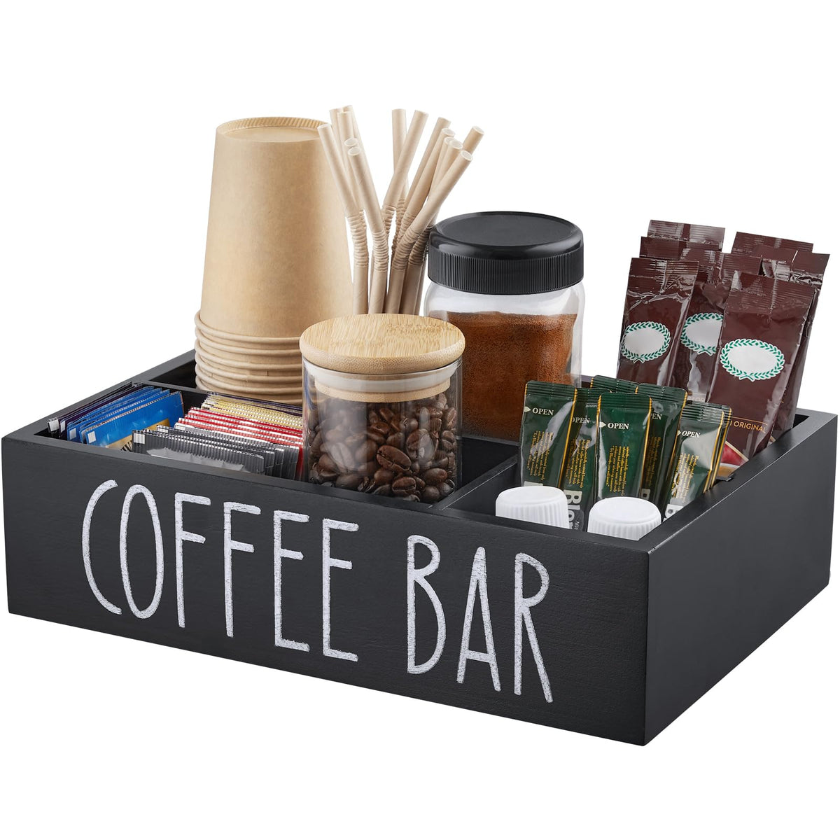 ALELION coffee station organizer in wood finish for countertop organization.