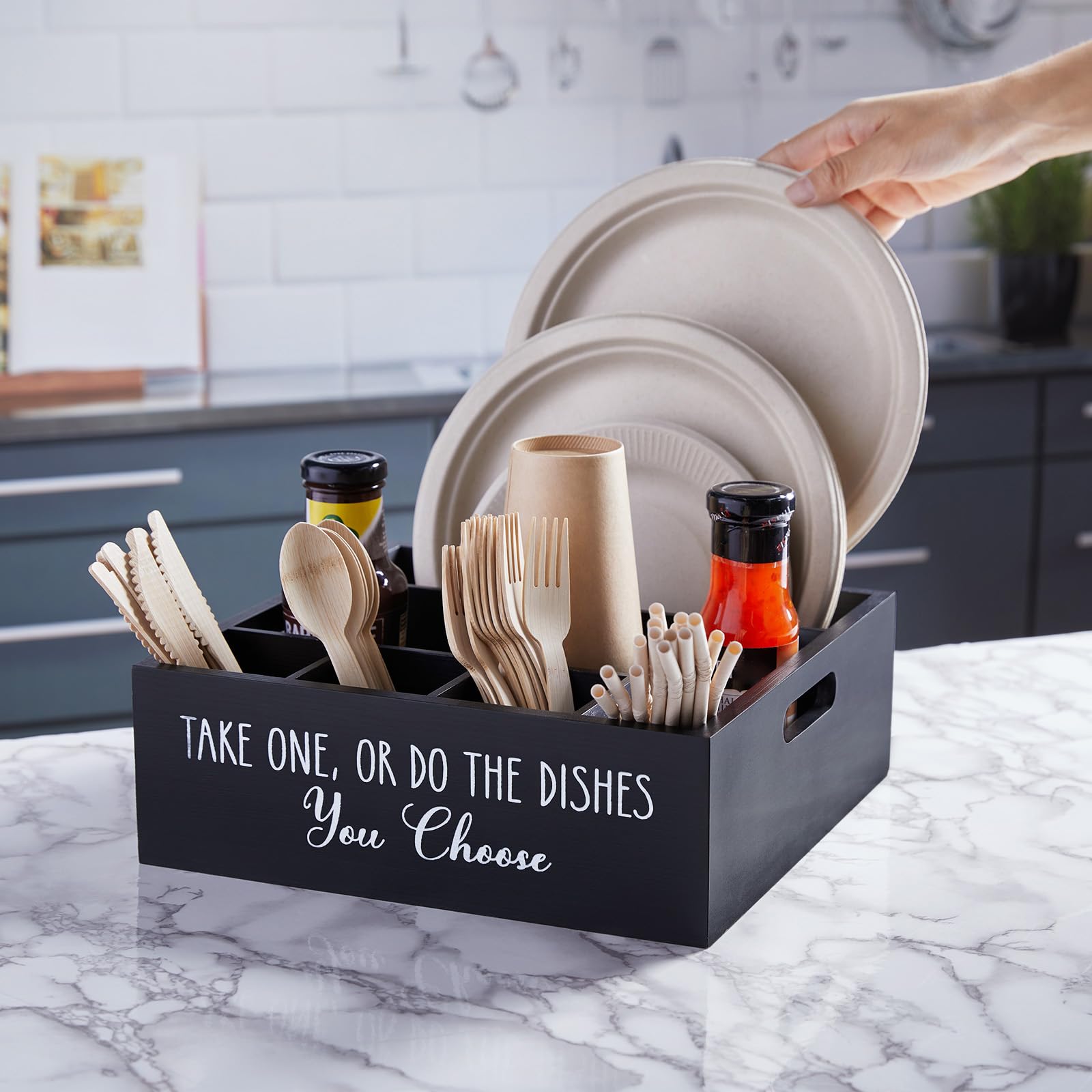 ALELION 6-compartment utensil caddy keeps cups, forks, and napkins organized.