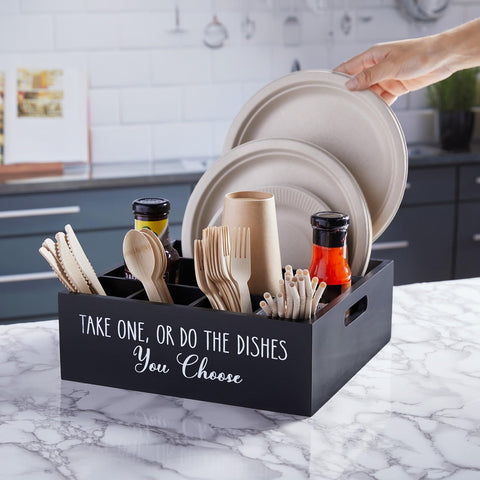 ALELION 6-compartment utensil caddy keeps cups, forks, and napkins organized.
