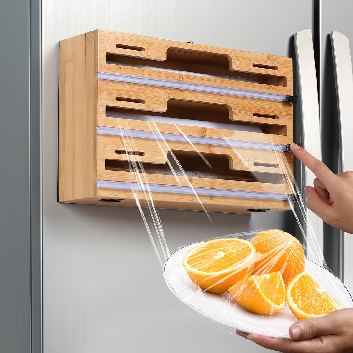 Allinside magnetic wrap dispenser attaches securely to a fridge for quick access.
