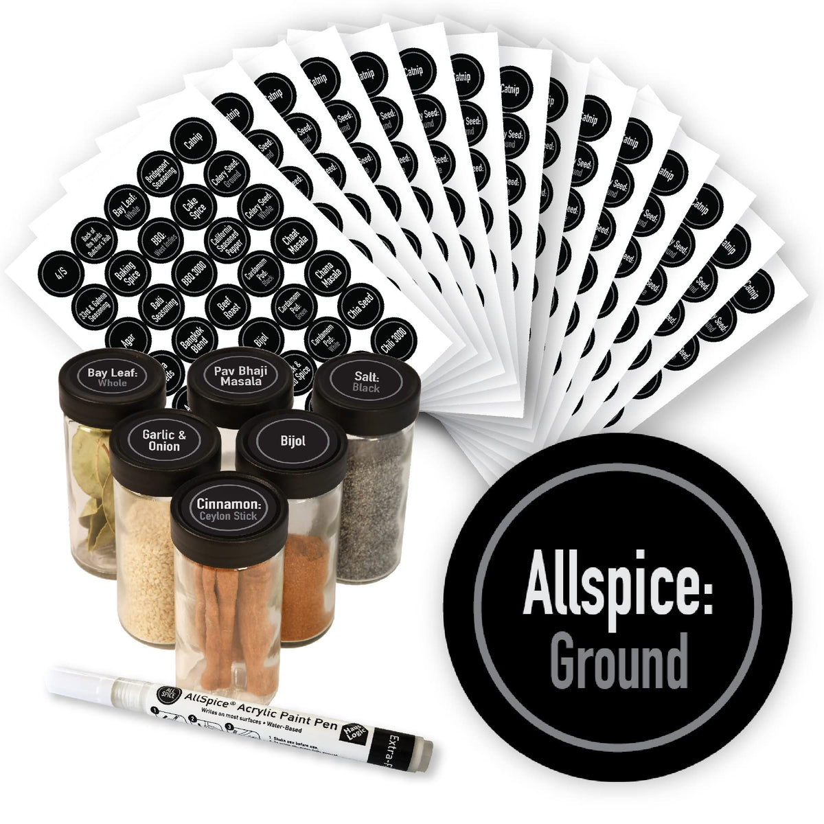 AllSpice Ultimate spice label set on jars with crisp white text for quick identification.