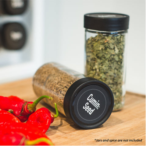 AllSpice waterproof spice labels on jars resist spills and humidity.