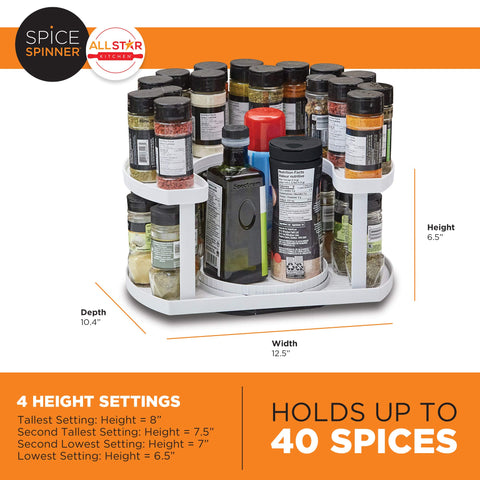 Allstar Innovations Spice Spinner offers adjustable height for varied spice sizes.