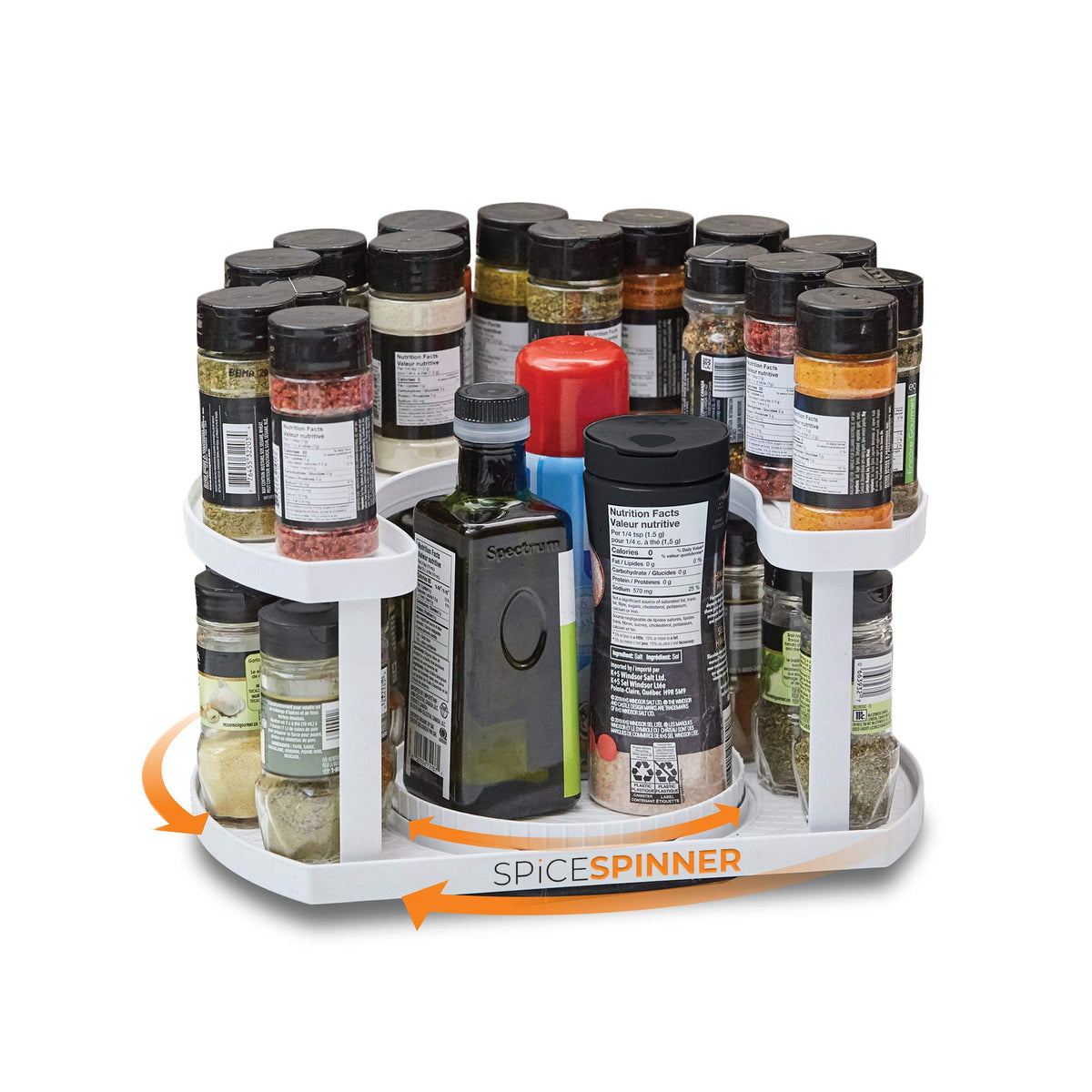 Allstar Innovations Spice Spinner two-tier design maximizes cabinet space and keeps spices within reach.