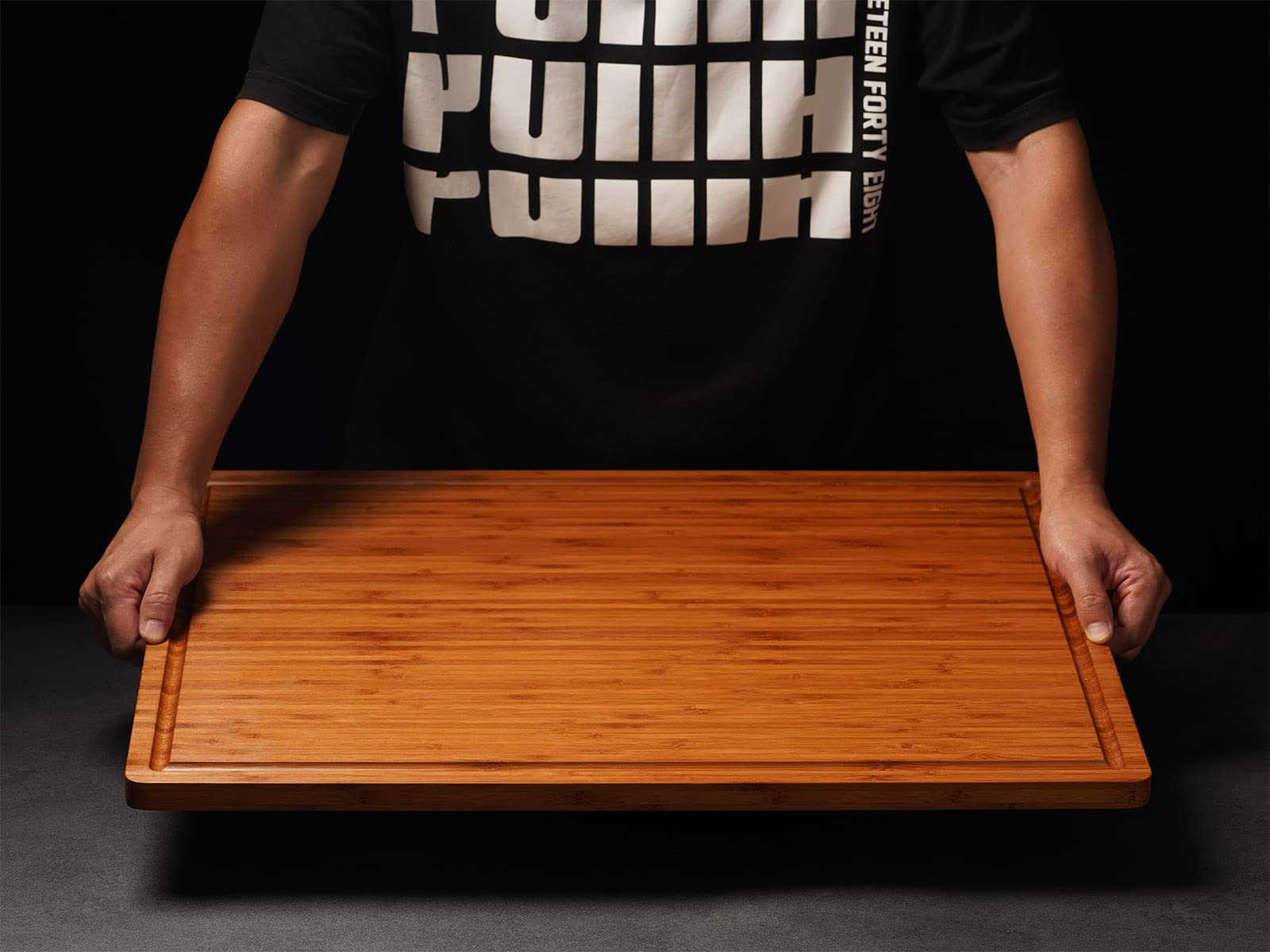 Allsum bamboo board with handles and juice grooves for easy serving