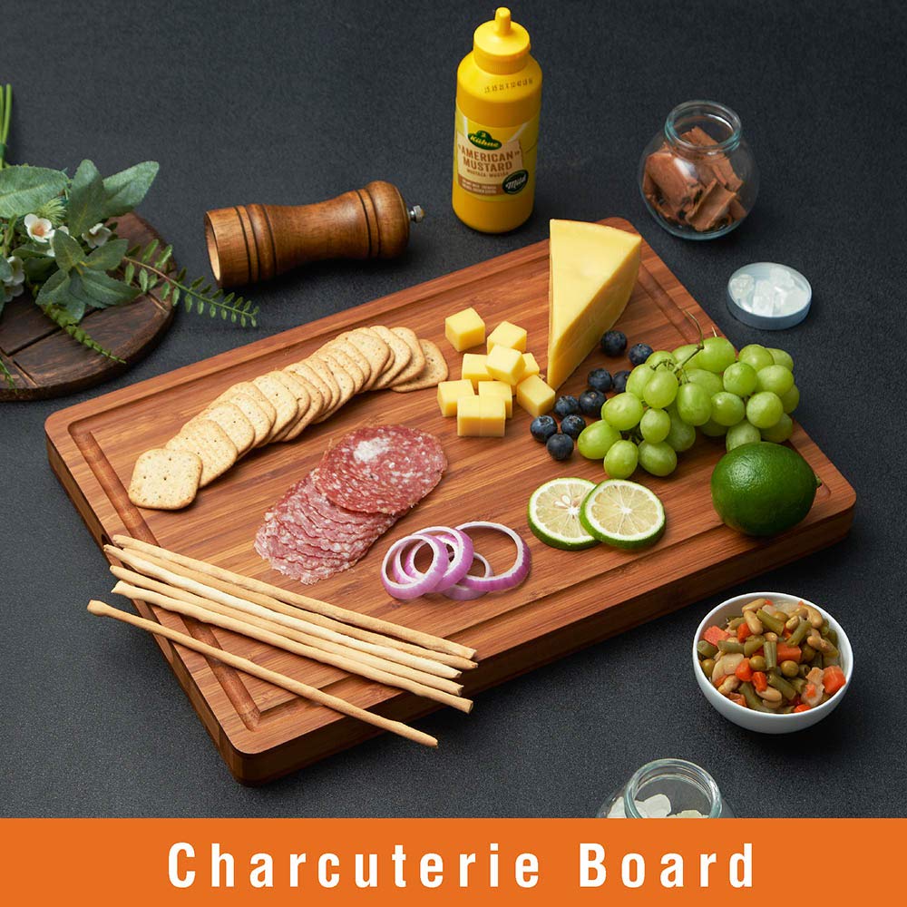 Allsum board's deep juice grooves help keep counters clean.