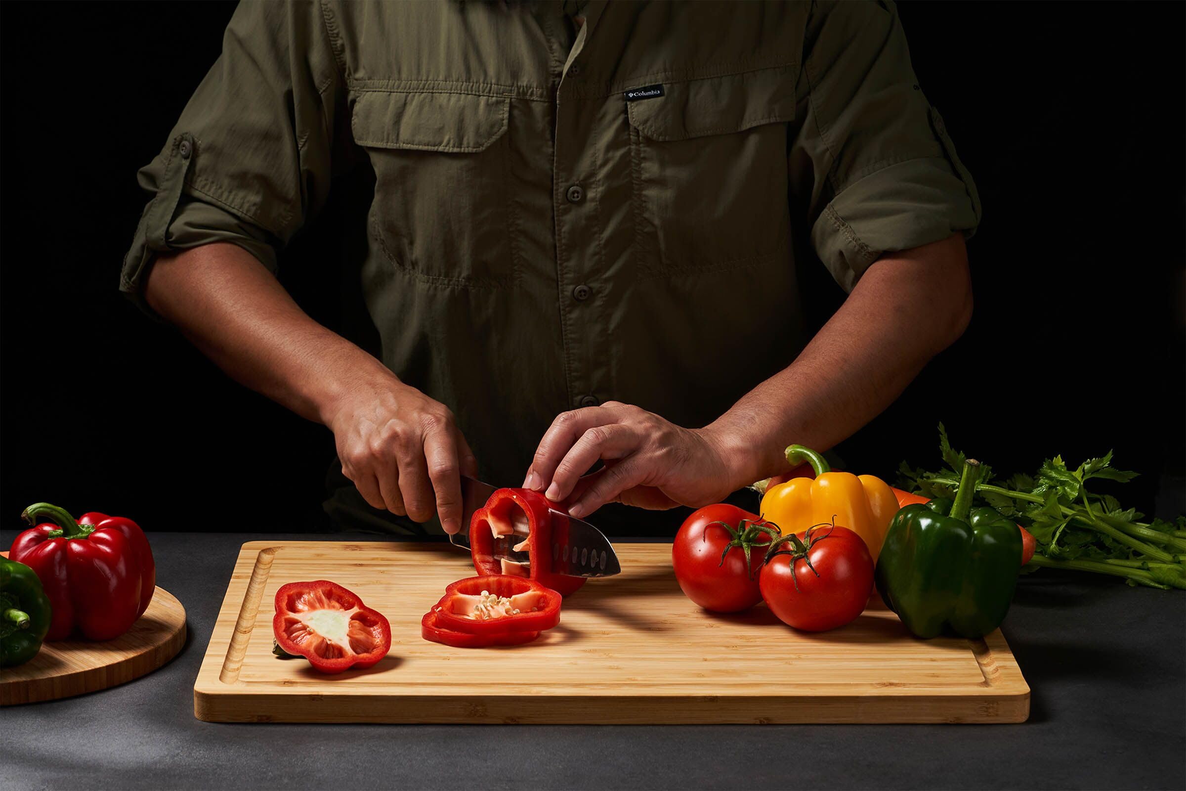 Allsum cutting board displays deep juice grooves to protect surfaces
