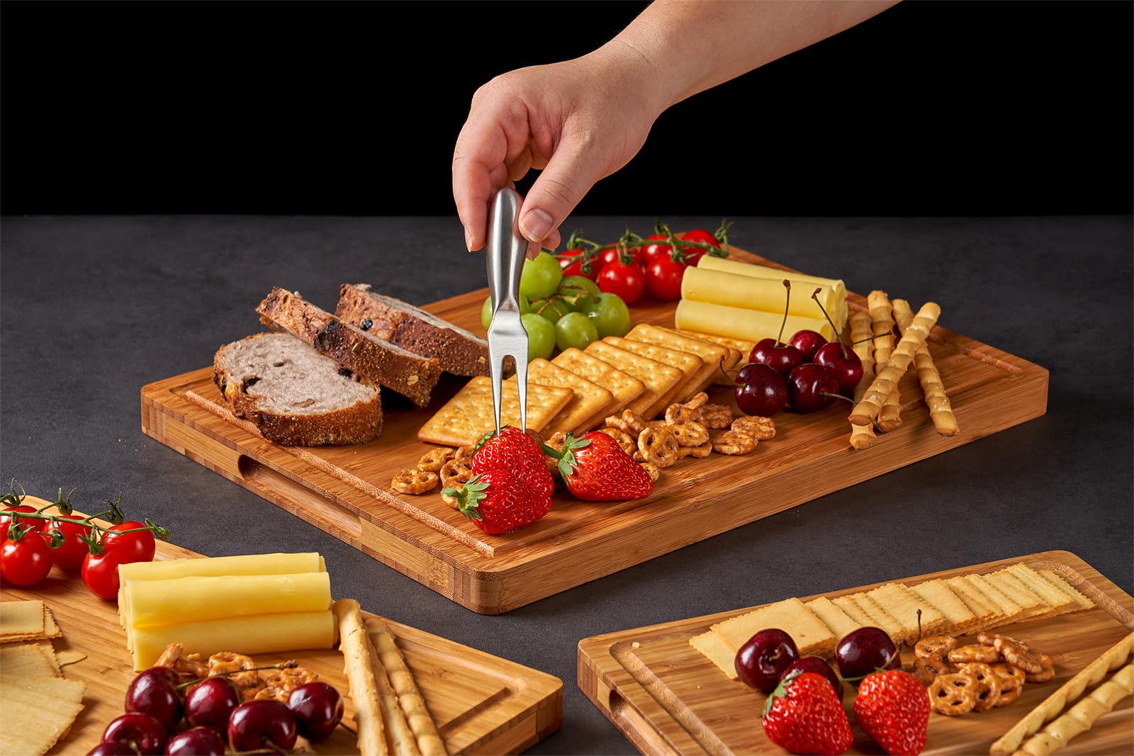 Allsum three-size bamboo set laid out for different foods and portions.