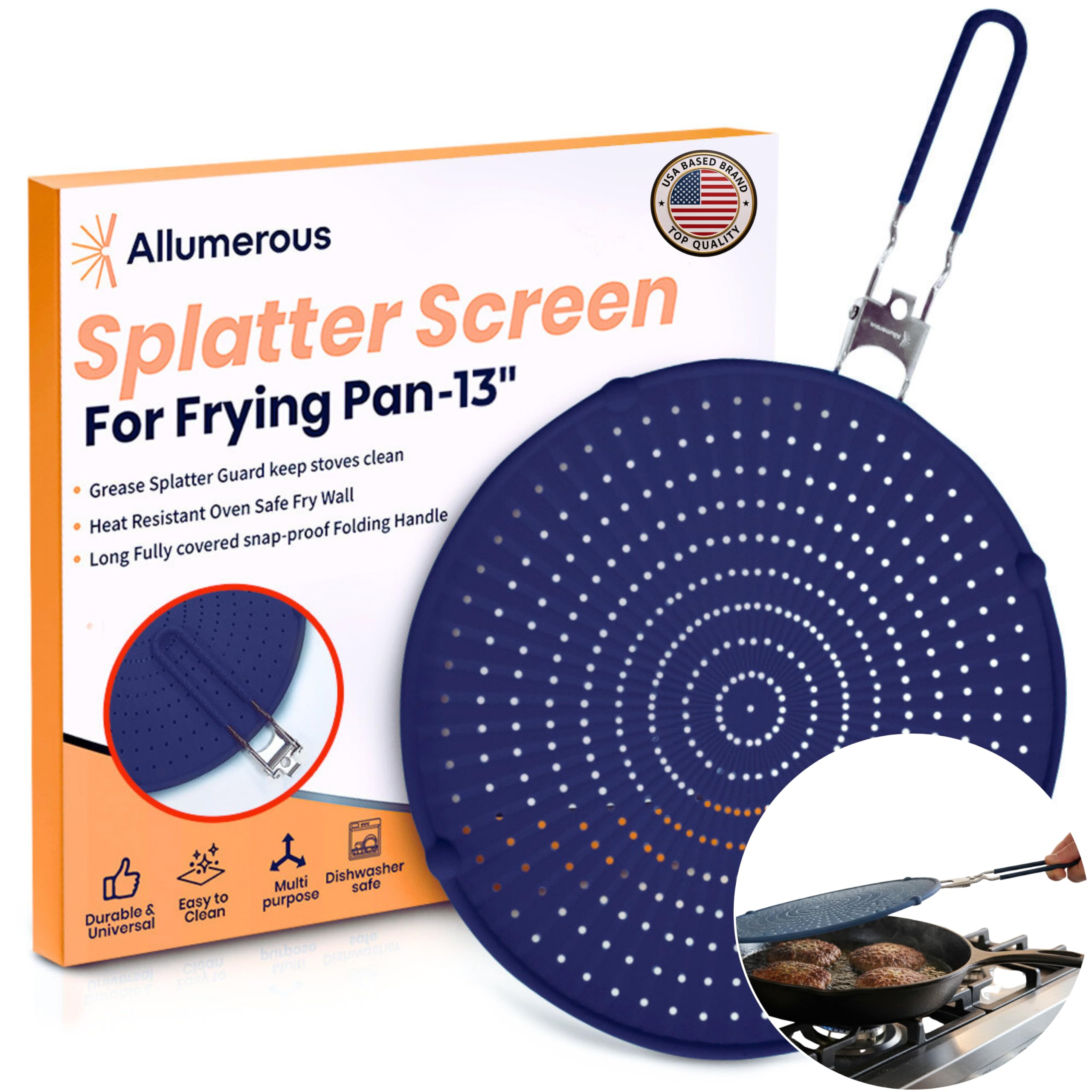 Allumerous navy silicone splatter screen on a stovetop protecting against oil splatters.