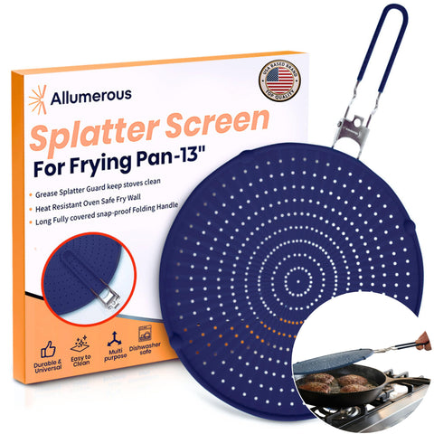 Allumerous navy silicone splatter screen on a stovetop protecting against oil splatters.