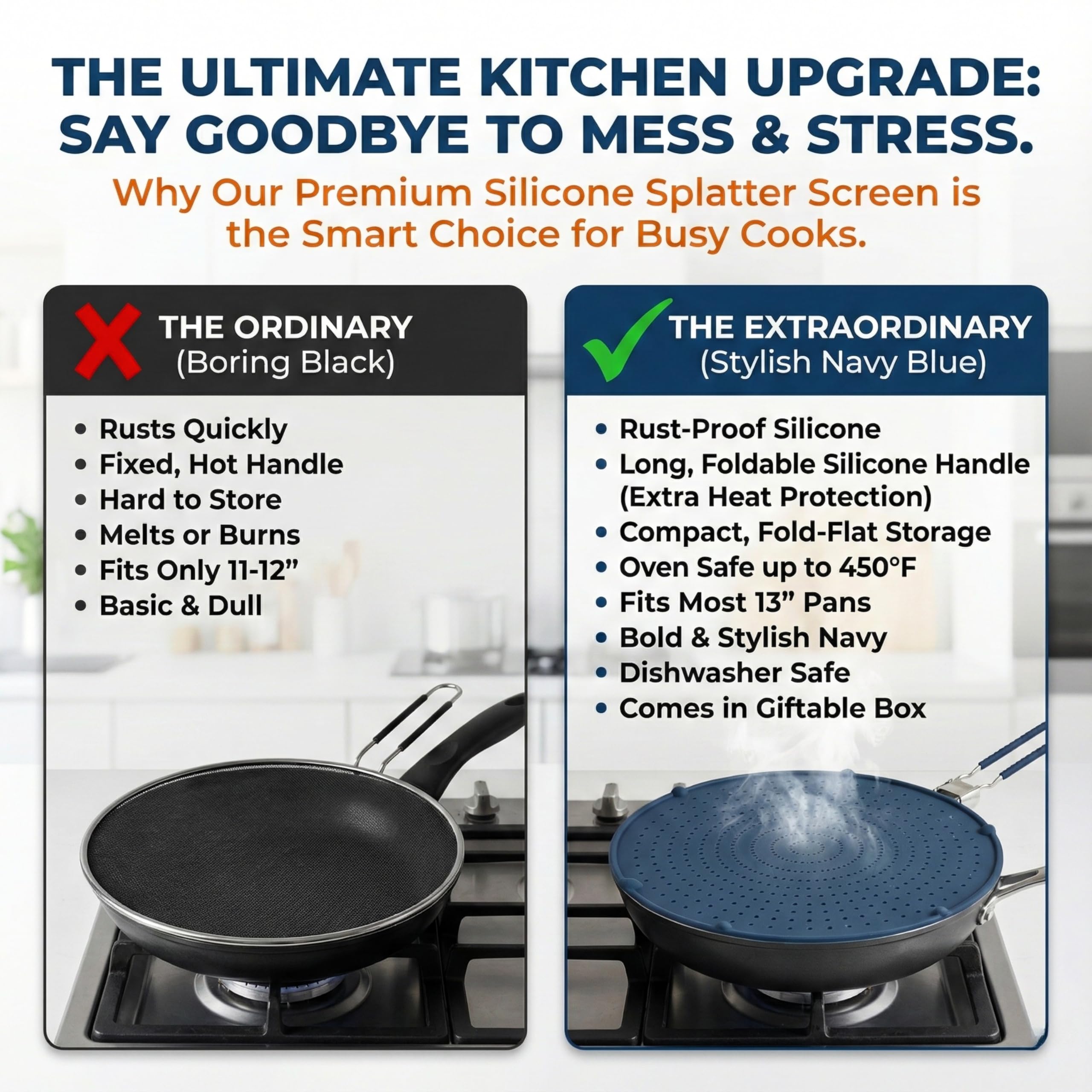 Stainless steel handle with silicone sleeve provides secure grip while protecting hands.