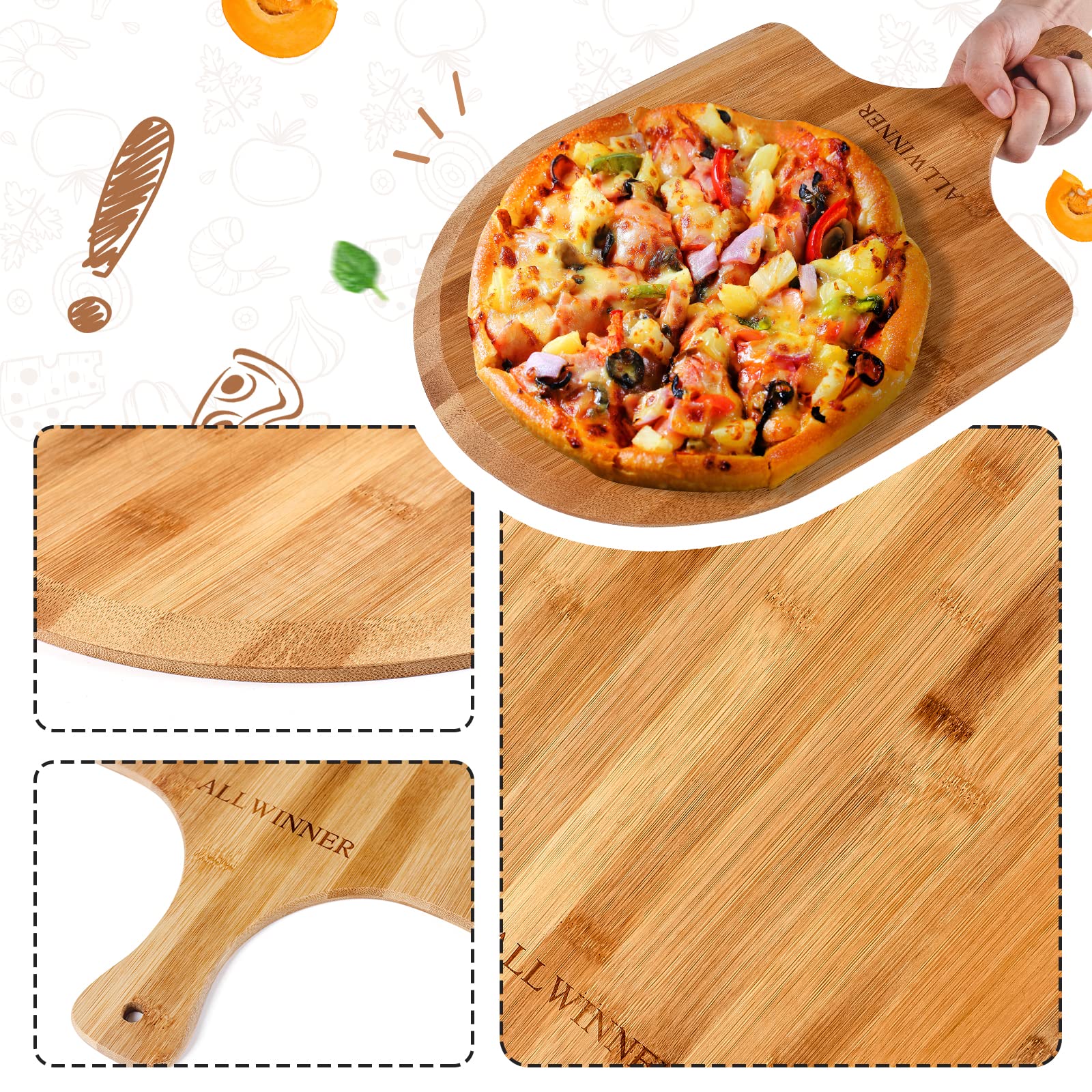 ALLWINNER 2-pack bamboo pizza peels for convenient multiple pizzas.