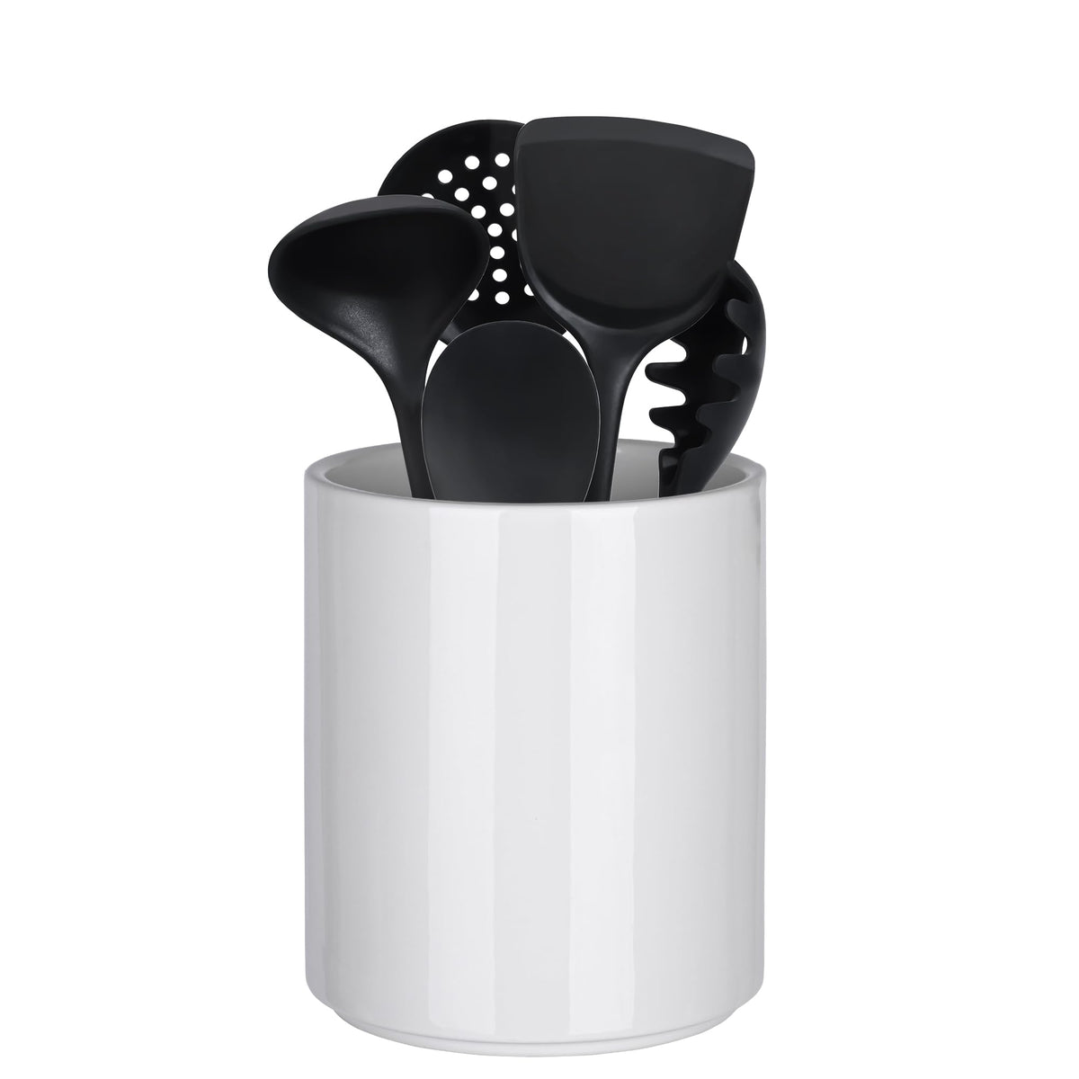 Allybyme white ceramic utensil holder front view showing spacious capacity