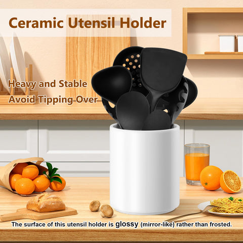 Allybyme white ceramic utensil holder top view for easy access
