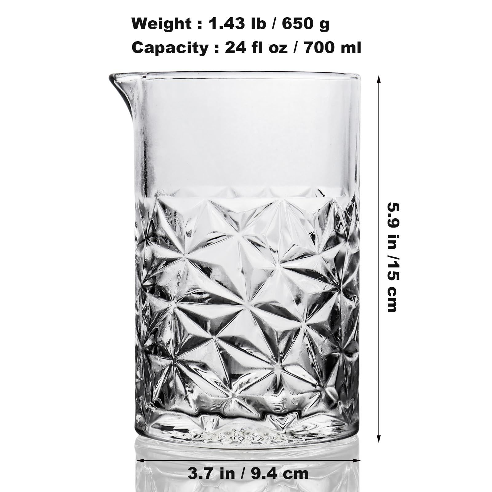 Almagic crystal stirring glass with engraved grip pattern for secure handling.