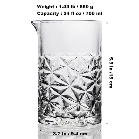 Almagic crystal stirring glass with engraved grip pattern for secure handling.