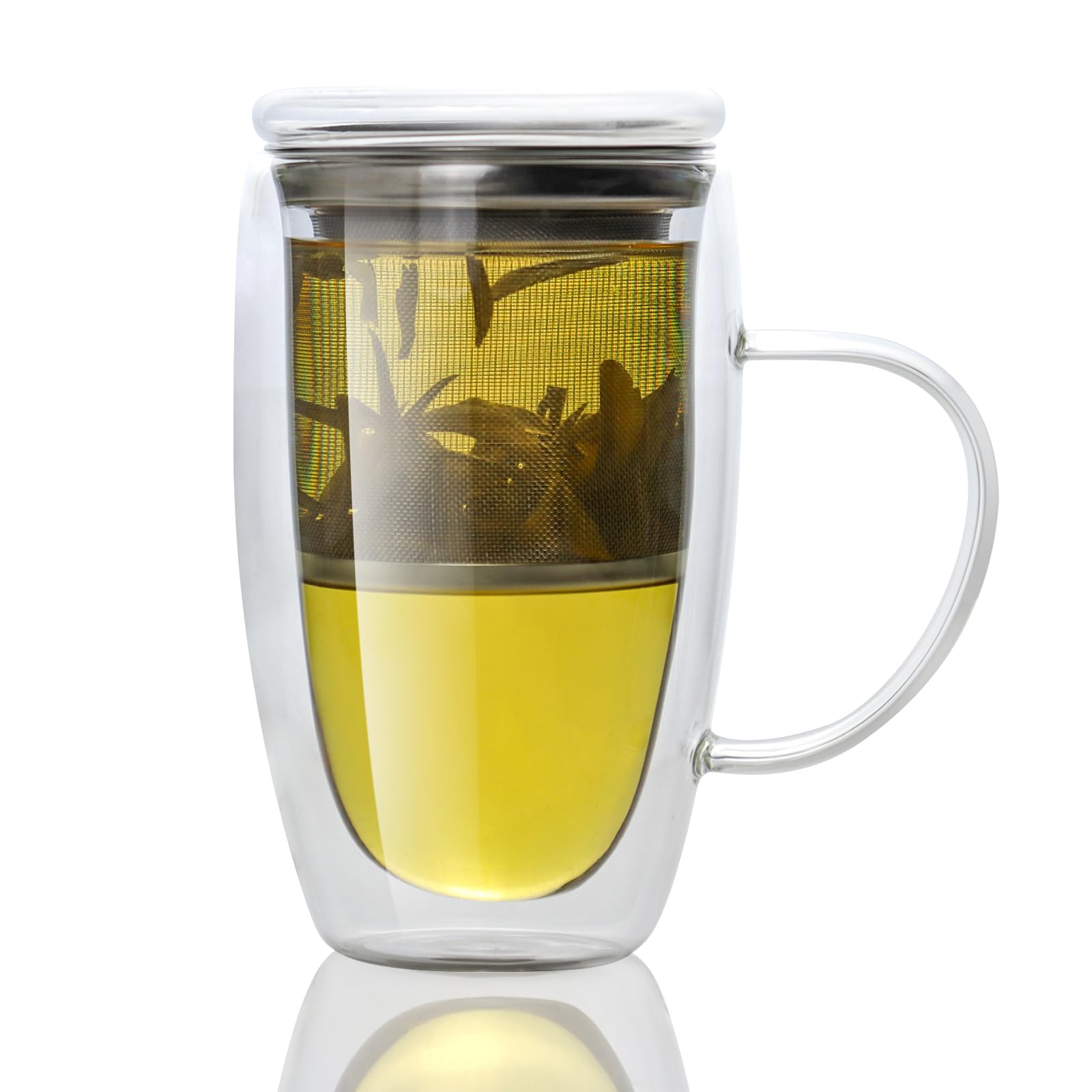 Almagic double-wall glass tea mug keeps tea hot while hands stay cool.