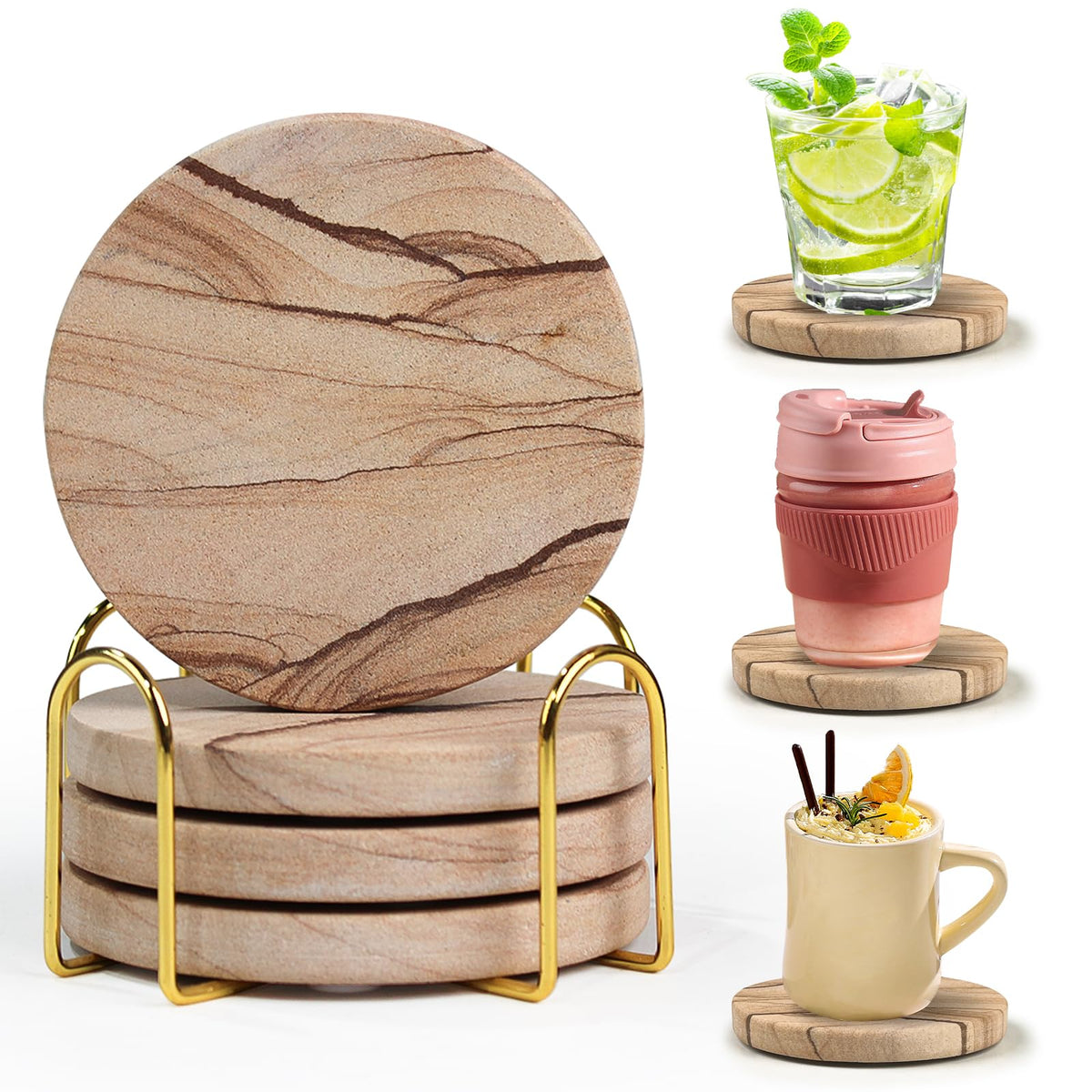 Almagic natural sandstone coaster set with holder guards surfaces and adds rustic elegance.