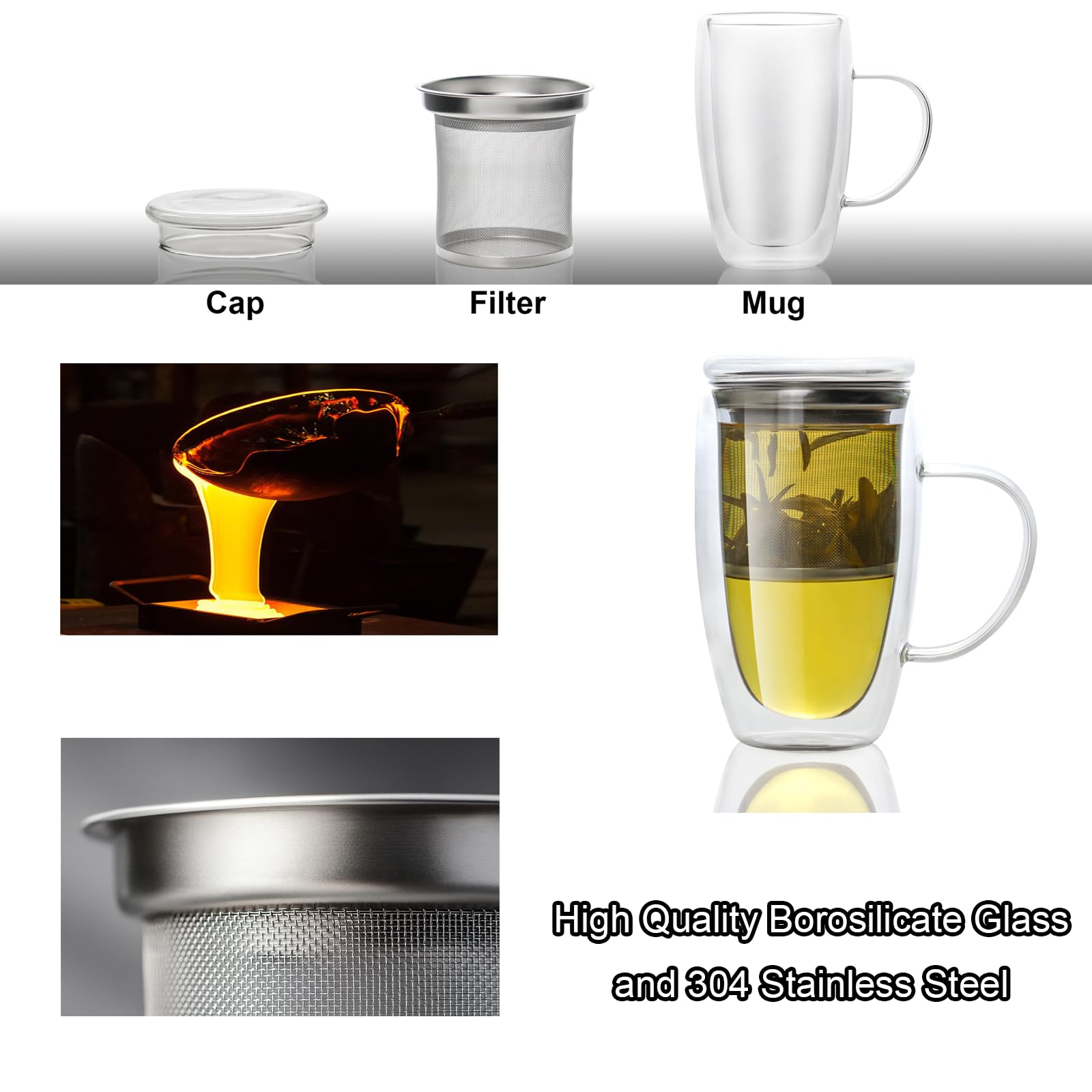 Almagic tea mug infuser close-up shows fine 304 stainless steel mesh.
