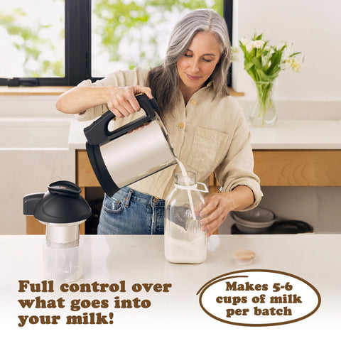 Almond Cow pitcher spout close-up highlights clean pouring