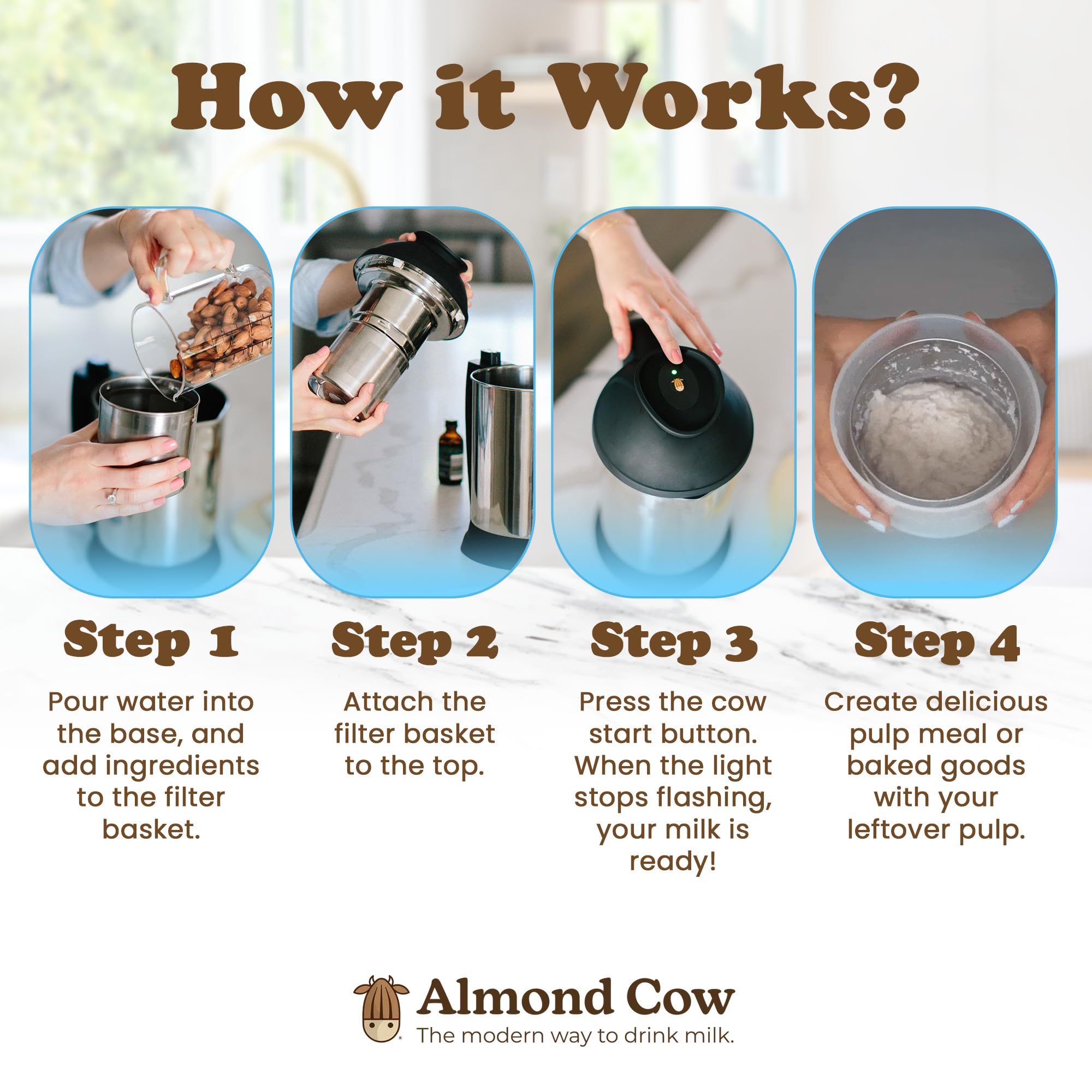 Almond Cow silicone-sealed wooden lid sits on glass pitcher