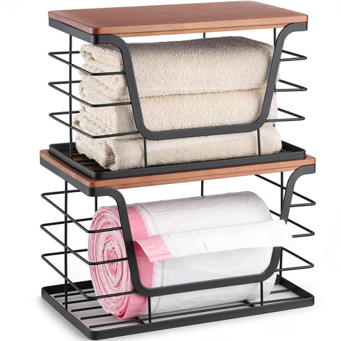 ALOCEO trash bag dispenser 2-pack walnut-black front view for tidy kitchen storage