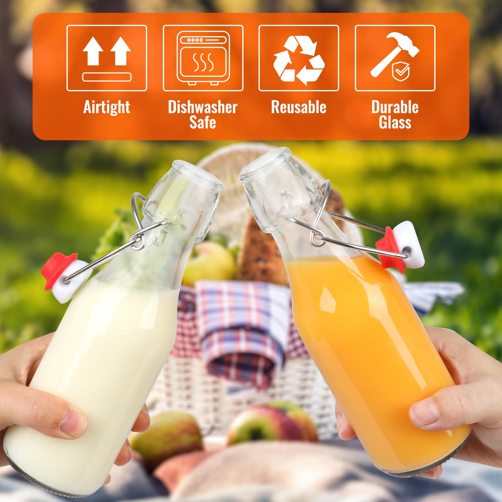 Alotpower 12-pack swing-top bottles with gaskets for leak-free beverages.