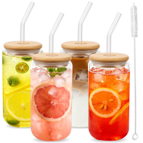 Alotpower glass cups 16oz with bamboo lids and straws for iced coffee.