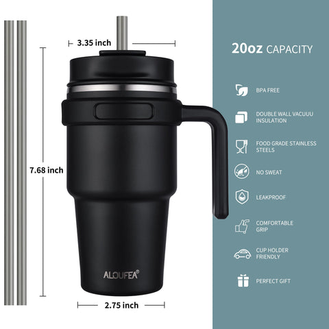 ALOUFEA mug with lid and straw shows 2-in-1 versatility for travel.