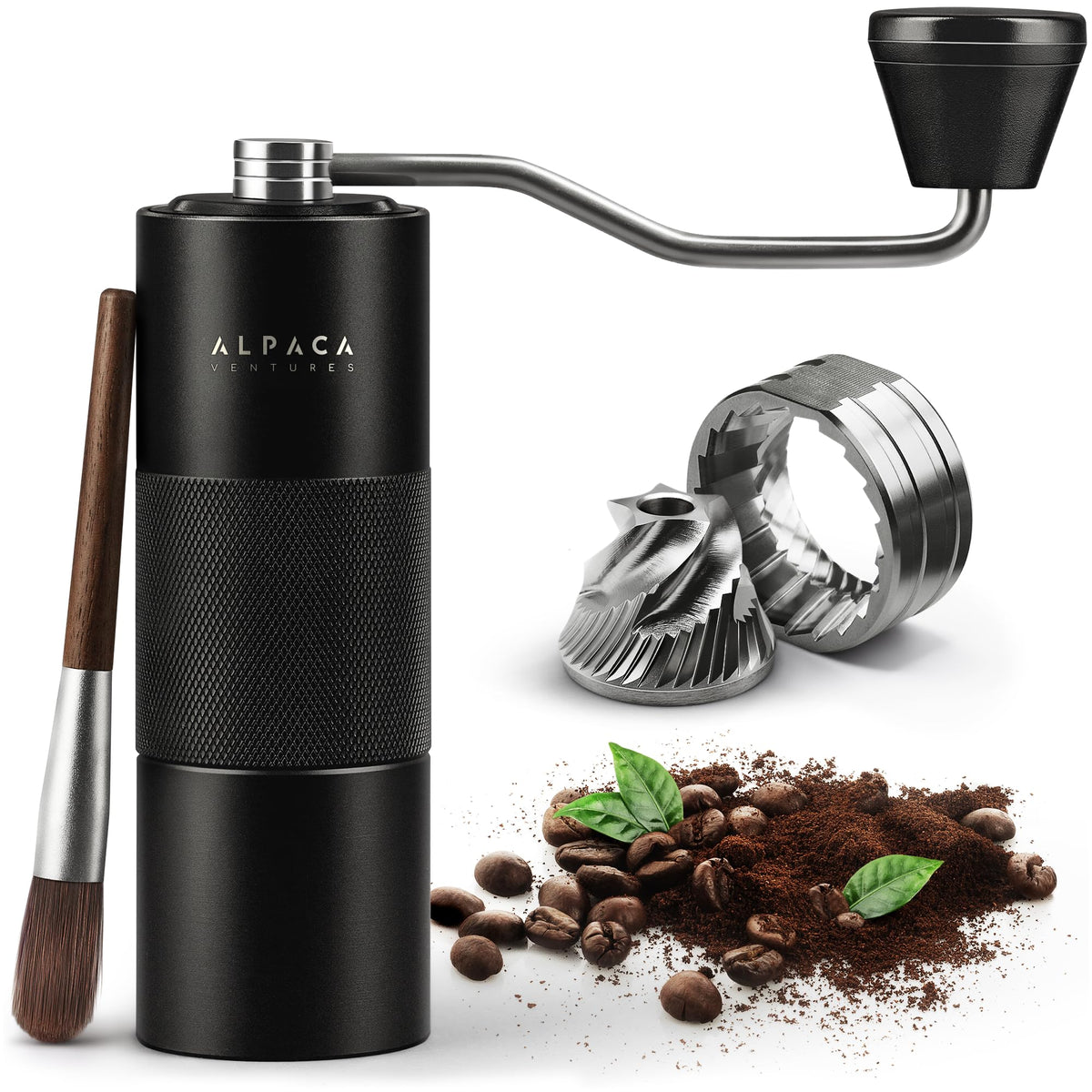 Alpaca Ventures manual coffee grinder with extended handle for easier at-home grinding