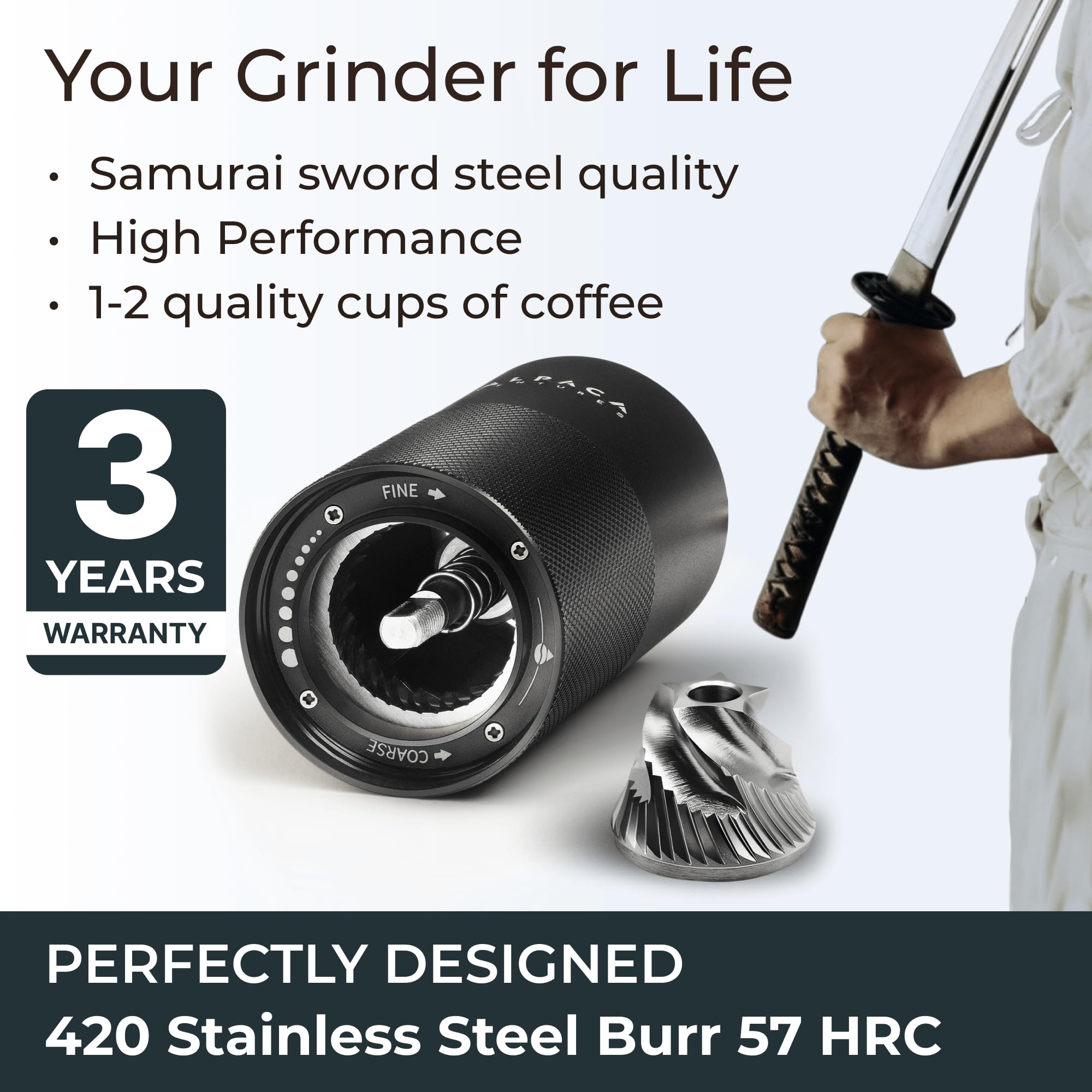 Rust-resistant stainless steel conical burr provides consistent grounds