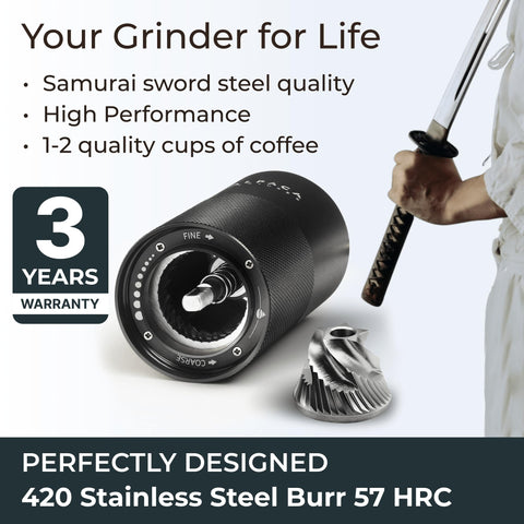 Rust-resistant stainless steel conical burr provides consistent grounds