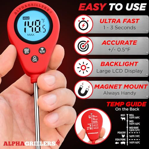 Alpha Grillers digital thermometer with backlit display for easy reading in low light