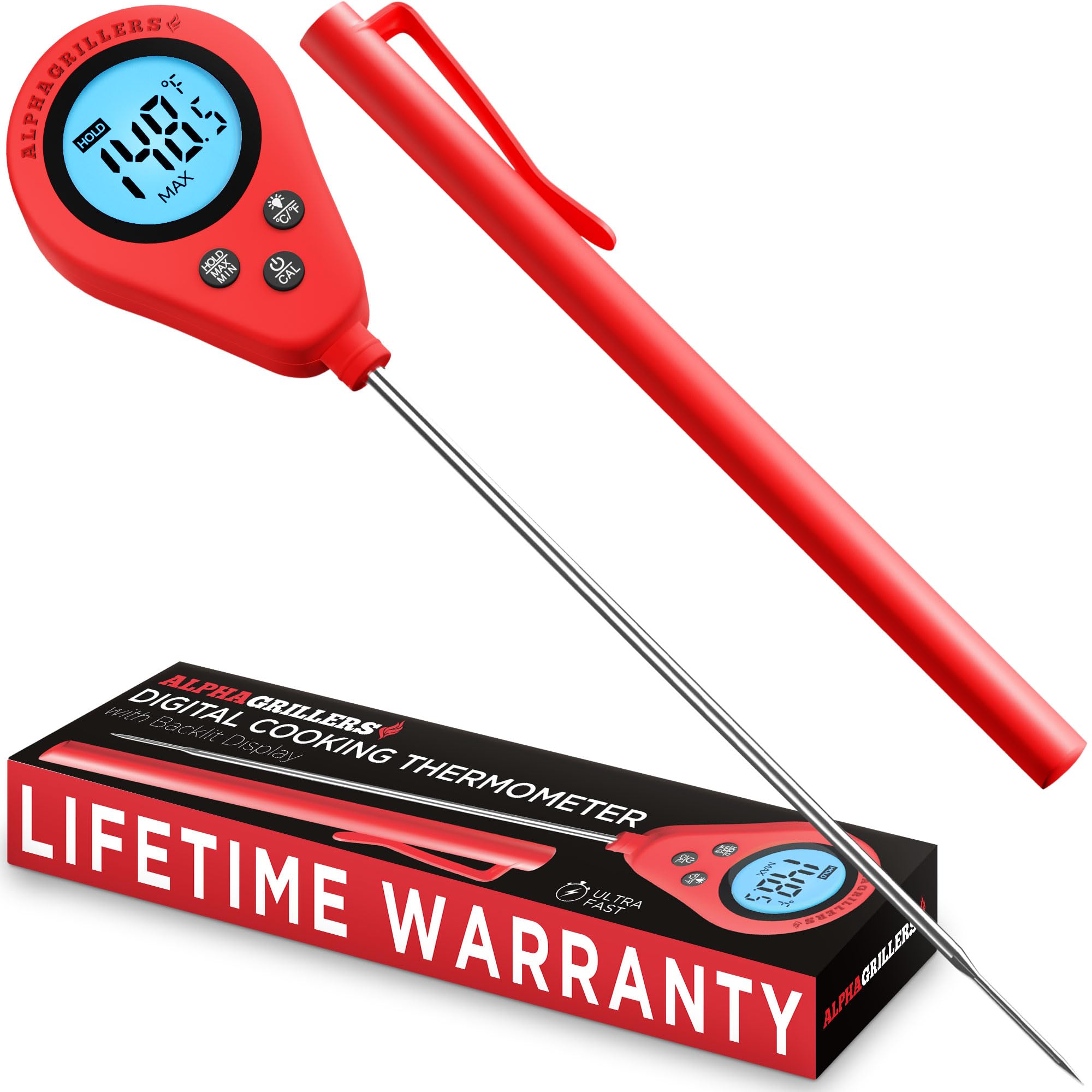 Alpha Grillers instant read thermometer with long probe for quick doneness checks